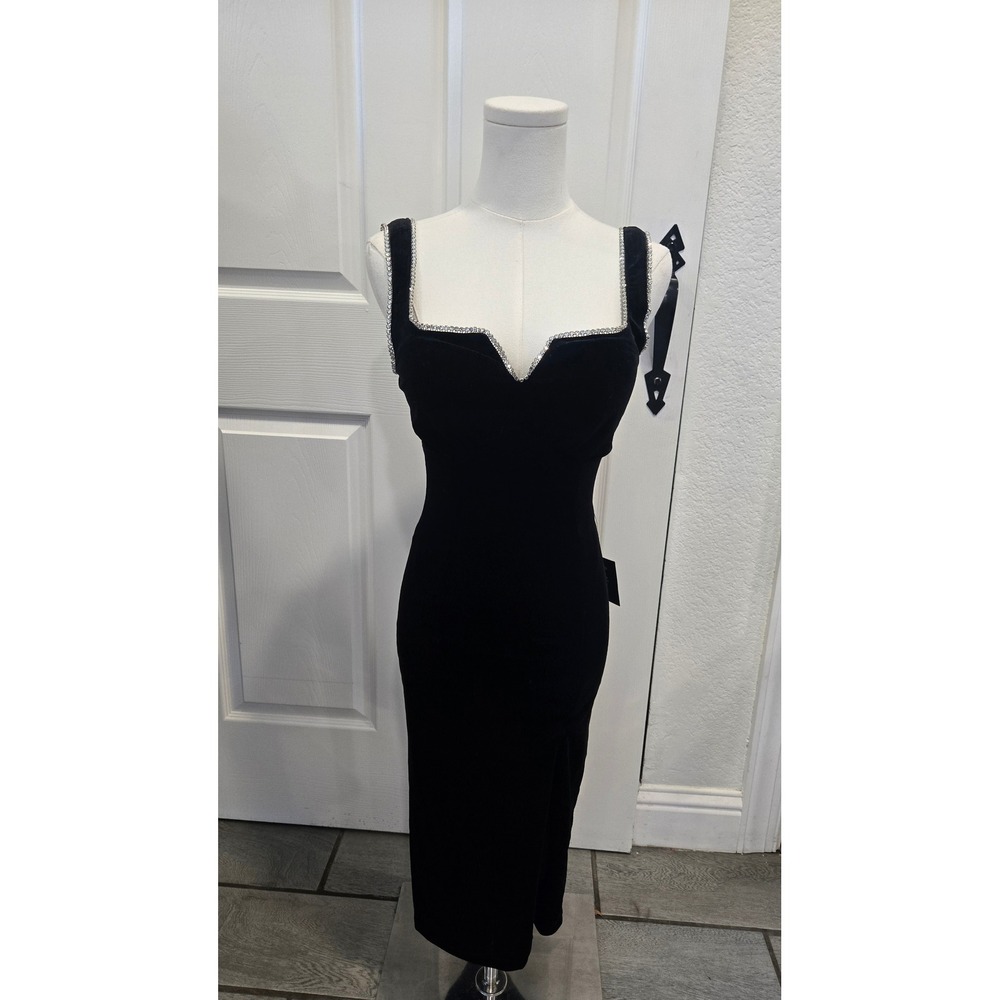 Lulus Black Velvet Rhinestone Trim Sweetheart Midi Dress NWT Bodycon Formal-S